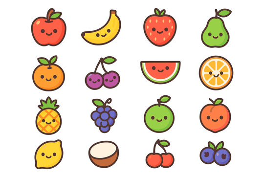 Cute kawaii fruit characters with smiling faces