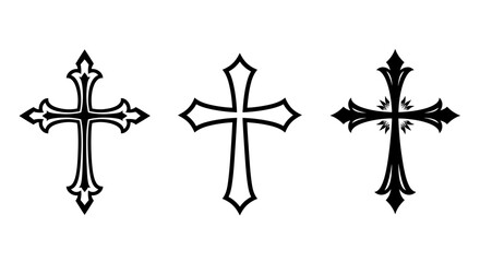 Three decorative crosses in a row black line art on white background