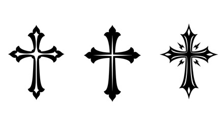 Ornate Crosses in Black Silhouette on White Background for Graphic Design