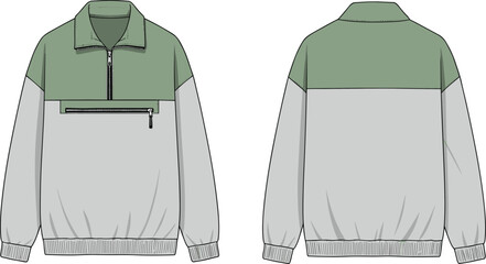 Technical fashion flat sketch of a men's stylish two-tone quarter-zip sweatshirt featuring a contemporary stand-up collar and practical front patch pocket, ideal for activewear design.