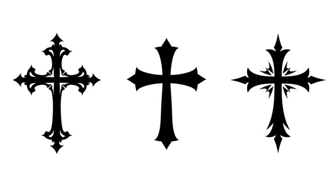 Three stylized crosses in black on a white background simple design
