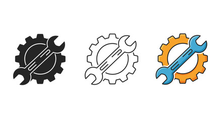 Gear and Wrench Icon Set in Black Outline and Color Styles