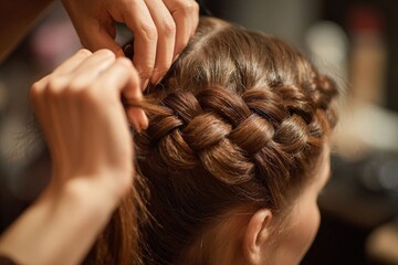 Fototapeta premium Close-up of a hairdresser's hands crafting a French braid on a woman in a beauty salon, with a softly blurred background, highlighting the art of hairstyling.