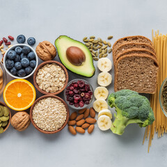 A high-quality food photography shot of a healthy, nutritious spread on a dark gray textured surface.