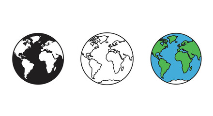 Earth globe icons in different styles black outline and colored version