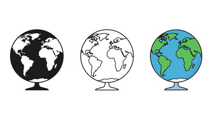 Three Globe Illustrations Black Silhouette Outline and Colored Version on White