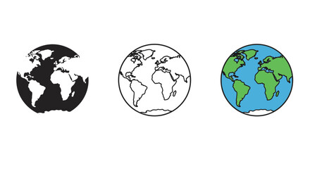 Earth Globe Icons in Black Outline and Color Illustration on White Background