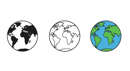 Three Earth Globe Icons in Different Styles Black Outline and Color