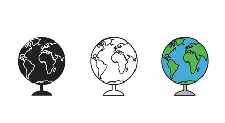 Earth Globe Icon Set Black and White Outline and Colored Version