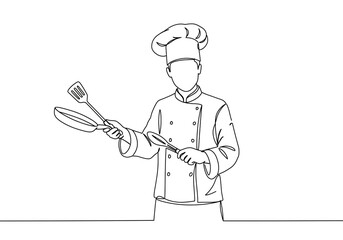 Minimalist Line Drawing of a Chef Holding Frying Pan and Spatula – Symbol of Culinary Craft and Professionalism