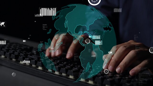 This image showcases hands typing on a keyboard with a digital earth graphic overlay, symbolizing data exchange and global connectivity in the modern technological landscape. Xenic