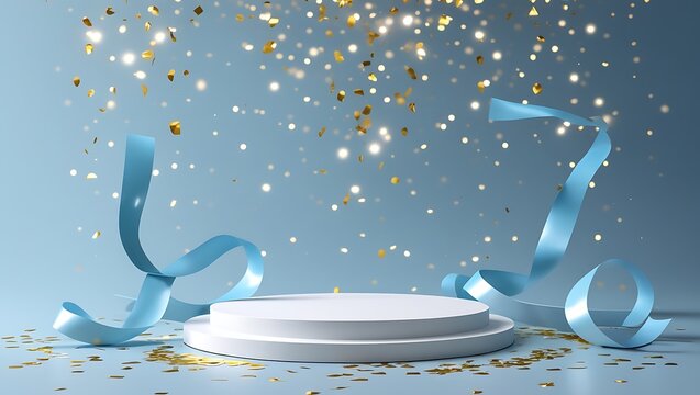 Celebration Podium Display: Light Blue Pedestal with Falling Gold Confetti and Blue Ribbons on a Soft Background - Powered by Adobe