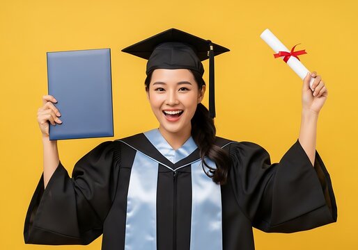 Triumphant Graduates Joyful Moment Holding Diploma and Certificate on Vibrant Yellow.