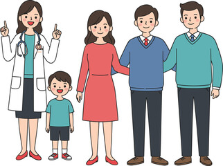 A female doctor advising a family, including a mother, father, son, and another male, emphasizing healthcare, consultation, and wellness, promoting family medical support and health education.