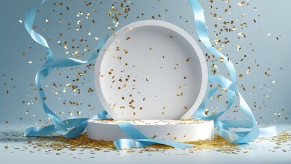 Celebration Product Display: White Pedestal with Falling Gold Confetti and Blue Ribbons on a Light Background