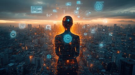 Silhouette figure over cityscape, digital interface overlay