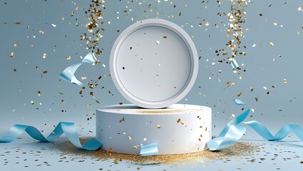 Celebration Product Display: White Pedestal with Falling Gold Confetti and Blue Ribbons on a Light Background
