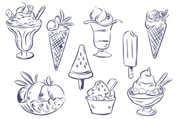 Hand draw ice cream vector illustration. Vintage ice cream icon set. Gelato, cone, sorbet, frozen yogurt, dessert in doodle style.
