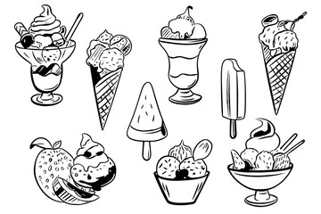 Hand draw ice cream vector illustration. Vintage ice cream icon set. Gelato, cone, sorbet, frozen yogurt, dessert in doodle style.