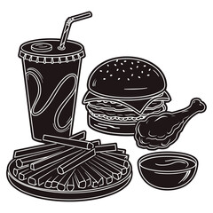 Fast food icons set burger, fries, drink, chicken legs, sauce, vector art.