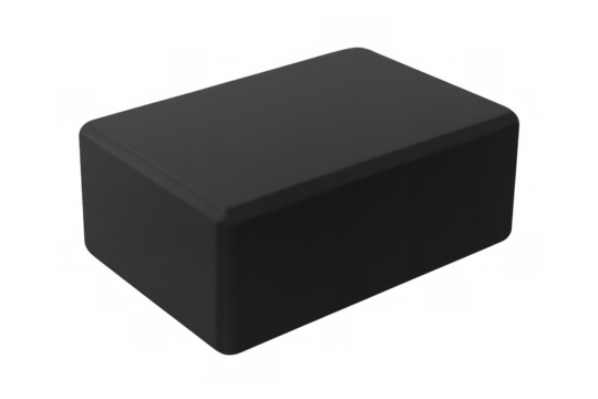 Yoga practitioner using black foam block for supporting challenging poses, improving alignment and flexibility against clean transparent surface