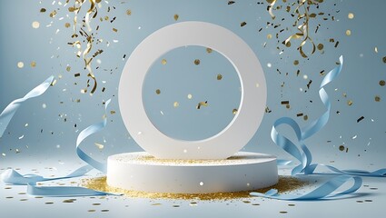 Celebration Product Display: White Pedestal with Falling Gold Confetti and Blue Ribbons on a Light Background