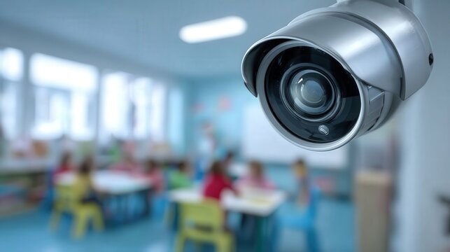 Close-up of a security camera in a school setting, capturing the essence of child safety with a blurred background of children engaged in classroom activities.