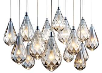  an array of clear faceted glass teardrop pendants isolated  on white background PNG, AI GENERATED