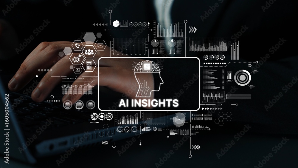 Poster futuristic data analysis with artificial intelligence and business insights in a modern workspace se