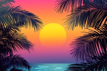 Tropical plants and leaves in sunset background vector illustration with gradient color, 80s style, flat design, bright colors, retro, geometric shapes, digital art, vector graphic.