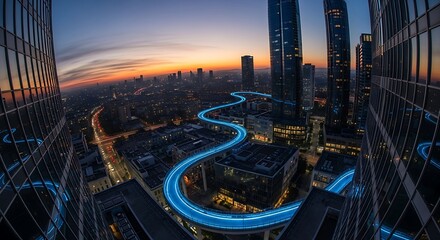 Elevated city streets illuminated at dawn.