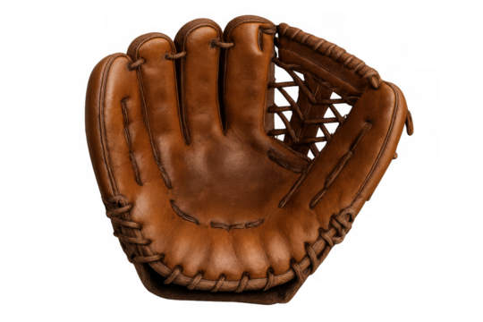 Classic leather baseball glove isolated on transparent background, showing intricate stitching and ready for action