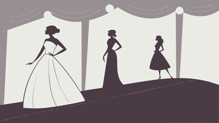 Silhouettes of three women in dresses on a runway under spotlights and curtains backdrop design