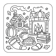 Cozy Autumn Season Icons Set: Pumpkin, Fireplace, Pie, Sock, Boot, Maple Leaf, Umbrella, and More for Warm Fall Vibes and Seasonal Design Projects