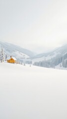 Fototapeta premium Solitary yellow wooden dwelling stands out amidst pristine, snowy hills with evergreen trees in a tranquil winter scene