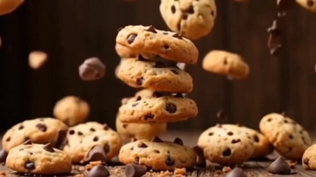 Floating Chocolate Chip Cookies Landing on Rustic Wooden Table,Dynamic Scene of Chocolate Chip Biscuits in Mid air,   generative ai
