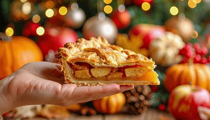 A hand holding a slice of apple pie with a pumpkin and apple on the table. The pie is cut in half and the apples are visible