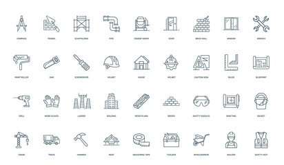 tools equipment elements associated construction building work, work gloves ladder drill, minimal thin line web outline icons collection, simple vector illustration
