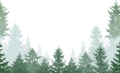 Obraz premium Watercolor panoramic illustration of a misty evergreen forest with layered pine and fir trees in muted greens and blues