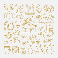 Cozy Autumn Patterns Set Featuring Pumpkins, Icons, Candles, Leaves, Pie, House, Umbrella, Socks, Mushrooms, Pears, Coffee Cups, and Jam Jars for Seasonal Fall Design Projects