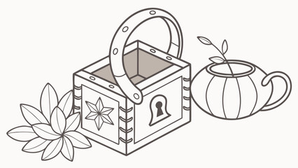 Outlined treasure chest with flower and teapot illustration in black and white line art style