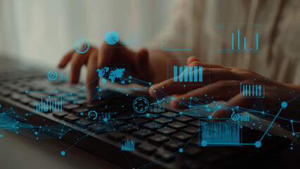 Hands typing on a keyboard are shown with a digital overlay of data visualizations and graphs, highlighting the intersection of technology and business analytics. Xenic