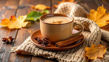 A cup of coffee with cinnamon and a leaf on a table. Scene is cozy and warm