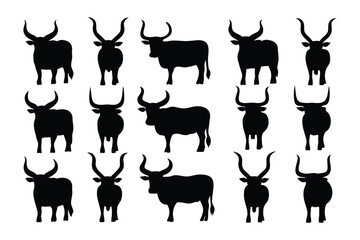 Collection of diverse black dog silhouettes showcasing various breeds and poses in a grid layout