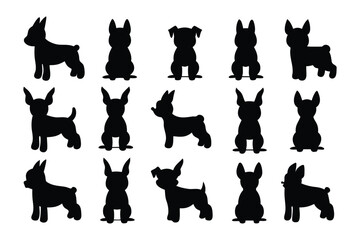 Collection of silhouetted black cats viewed from behind sitting in various poses with tails