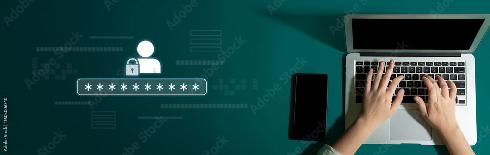 Poster user authentication and password protection concept showing secure login, privacy safeguard, data pr