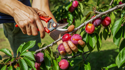 Close up of hands using pruning shears to harvest ripe red and purple plums from a tree branch fruit