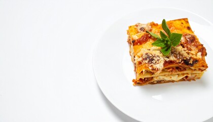 Savor a delicious slice of homemade lasagna, a comforting classic garnished with fresh basil on a white plate.