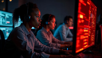Cybersecurity analysts, a mixed team of African, Asian, and Caucasian descent, in a dark operations room during a cyber attack simulation, screens flashing red alerts and complex code, wearing headset