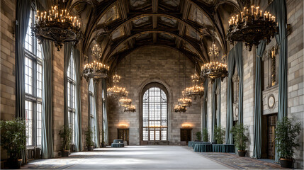 Grand Hall with High Ceilings and Ornate Chandeliers